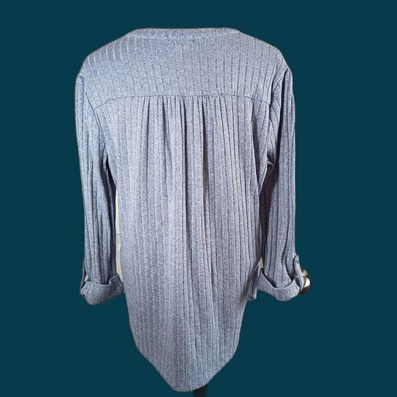 Cocomo Blue and Silver V Neck Swing Sweater Ribbed Button Up Roll Tab Sleeve L - Picture 2 of 9